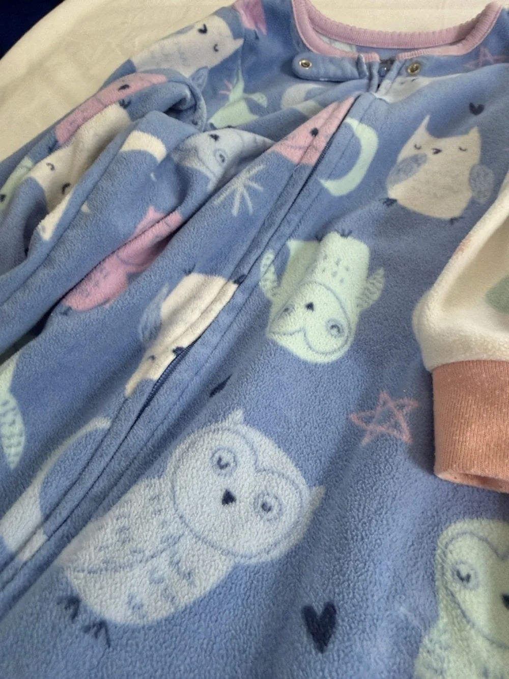 Baby Girls' Heart & Owl Fleece One-Piece Sleepers - White & Blue 3T